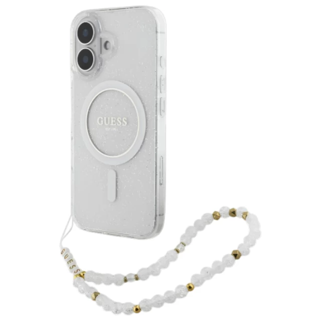 Чехол Guess IML Glitter with Pearl Strap для iPhone 16 Transparent with MagSafe (GUHMP16SHGCRELST)