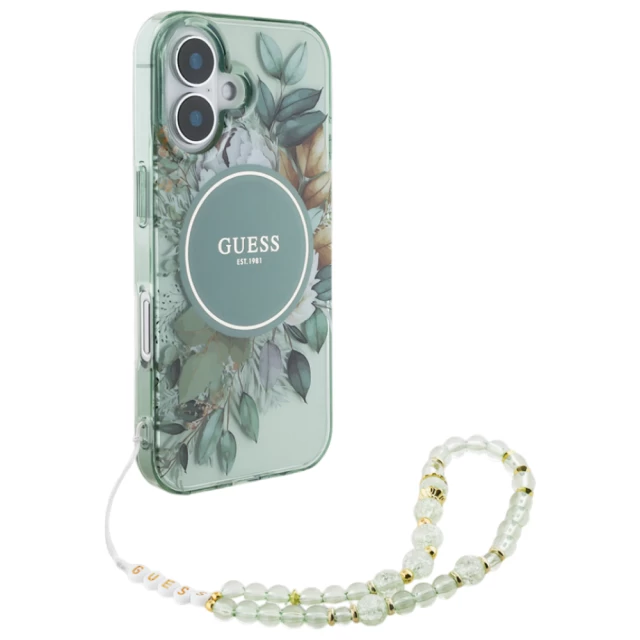 Чехол Guess IML Flowers with Pearl Strap для iPhone 16 Plus Green with MagSafe (GUHMP16MHFWBRCESN)