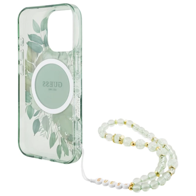 Чехол Guess IML Flowers with Pearl Strap для iPhone 16 Pro Green with MagSafe (GUHMP16LHFWBRCESN)