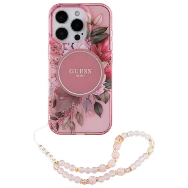 Чехол Guess IML Flowers with Pearl Strap для iPhone 16 Pro Pink with MagSafe (GUHMP16LHFWBRCESP)