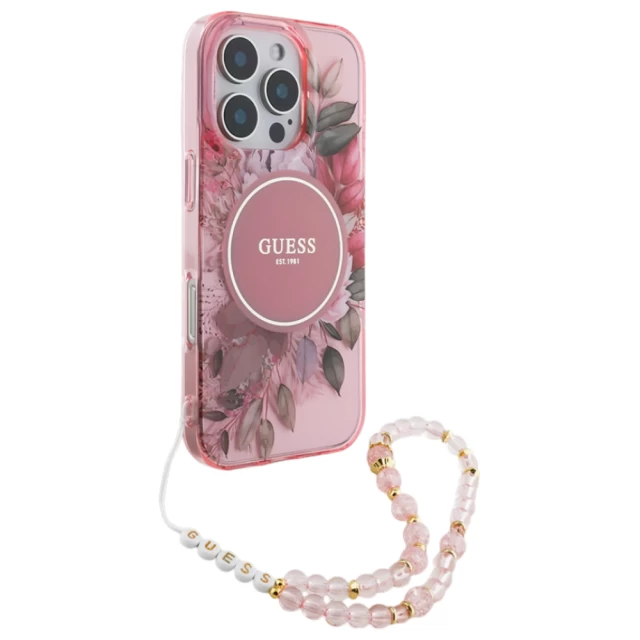 Чехол Guess IML Flowers with Pearl Strap для iPhone 16 Pro Pink with MagSafe (GUHMP16LHFWBRCESP)