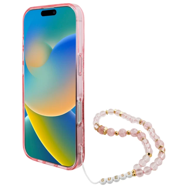 Чехол Guess IML Flowers with Pearl Strap для iPhone 16 Pro Pink with MagSafe (GUHMP16LHFWBRCESP)