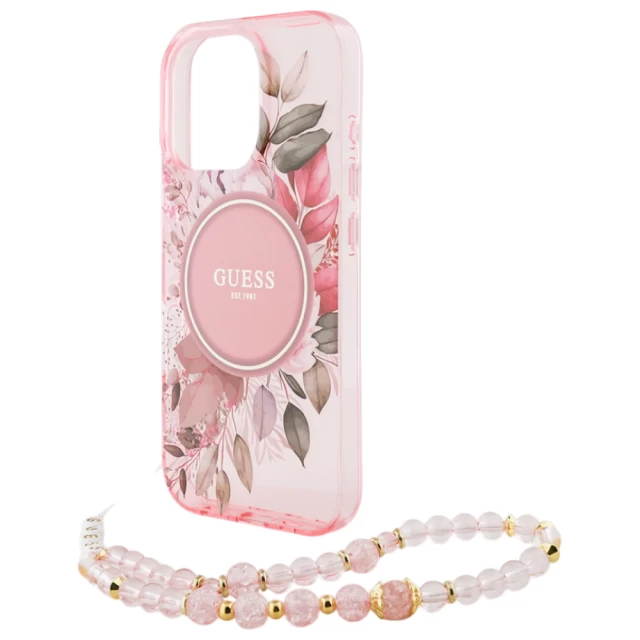 Чехол Guess IML Flowers with Pearl Strap для iPhone 16 Pro Pink with MagSafe (GUHMP16LHFWBRCESP)