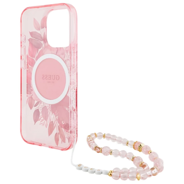 Чехол Guess IML Flowers with Pearl Strap для iPhone 16 Pro Pink with MagSafe (GUHMP16LHFWBRCESP)