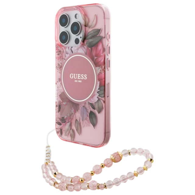 Чехол Guess IML Flowers with Pearl Strap для iPhone 16 Pro Pink with MagSafe (GUHMP16LHFWBRCESP)