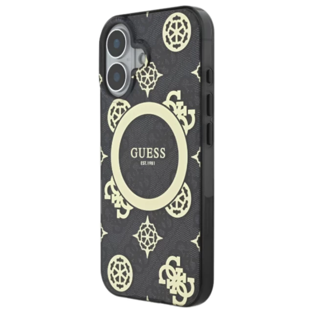 Чехол Guess IML Peony On 4G Background для iPhone 16 Black with MagSafe (GUHMP16SH4PYEEK)