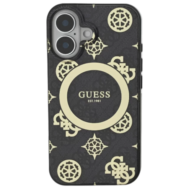 Чехол Guess IML Peony On 4G Background для iPhone 16 Black with MagSafe (GUHMP16SH4PYEEK)