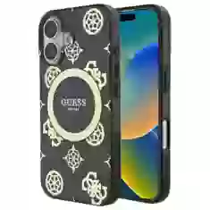 Чехол Guess IML Peony On 4G Background для iPhone 16 Black with MagSafe (GUHMP16SH4PYEEK)