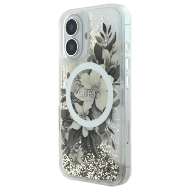 Чехол Guess Liquid Glitter Flower для iPhone 16 Beige with MagSafe (GUHMP16SLFMWTE)