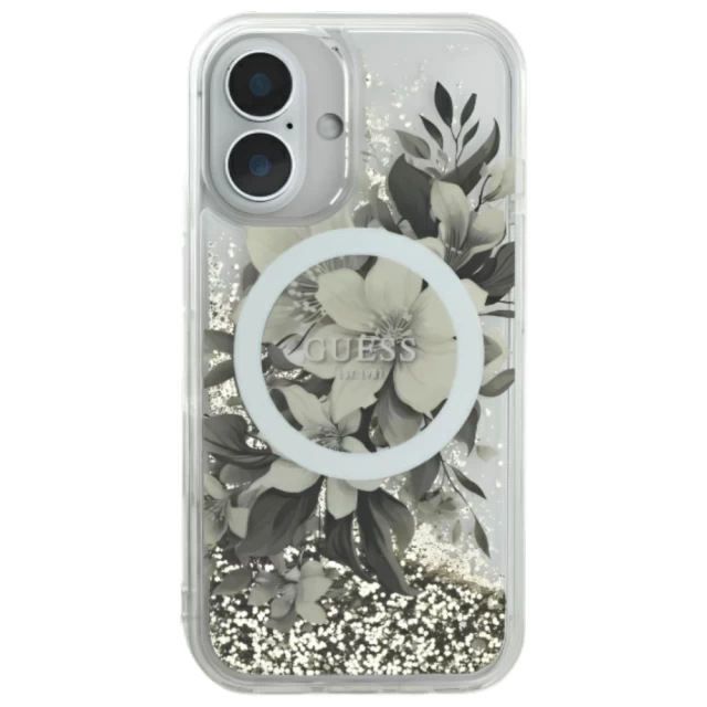 Чехол Guess Liquid Glitter Flower для iPhone 16 Beige with MagSafe (GUHMP16SLFMWTE)