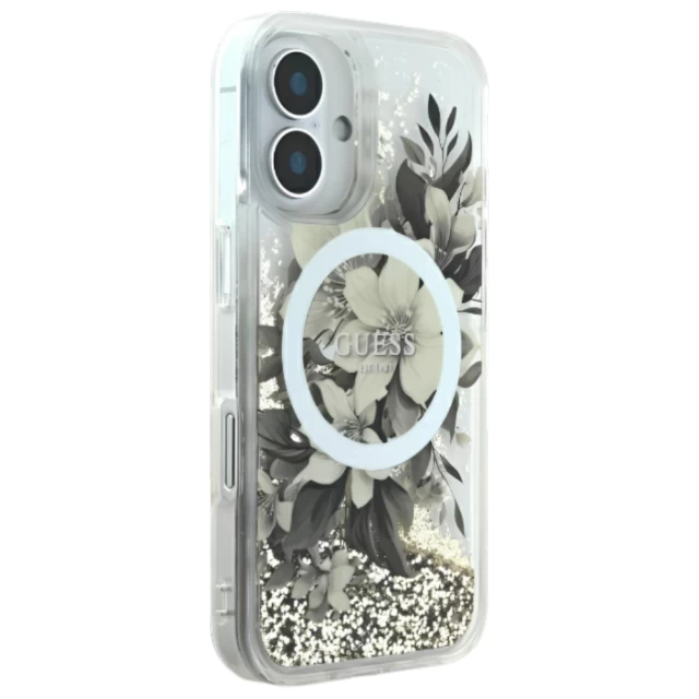 Чехол Guess Liquid Glitter Flower для iPhone 16 Beige with MagSafe (GUHMP16SLFMWTE)