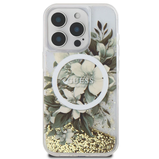 Чехол Guess Liquid Glitter Flower для iPhone 16 Pro Beige with MagSafe (GUHMP16LLFMWTE)