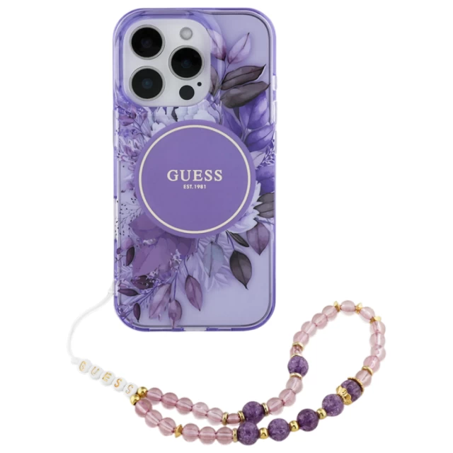 Чехол Guess IML Flowers with Pearl Strap для iPhone 16 Pro Purple with MagSafe (GUHMP16LHFWBRCESU)