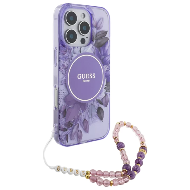 Чехол Guess IML Flowers with Pearl Strap для iPhone 16 Pro Purple with MagSafe (GUHMP16LHFWBRCESU)