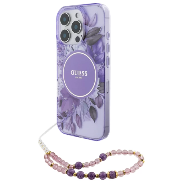 Чехол Guess IML Flowers with Pearl Strap для iPhone 16 Pro Purple with MagSafe (GUHMP16LHFWBRCESU)