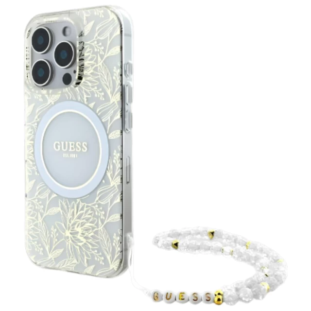 Чехол Guess IML Flowers Allover Electro with Pearl Strap для iPhone 16 Pro Max White with MagSafe (GUHMP16XHCPOFPH)