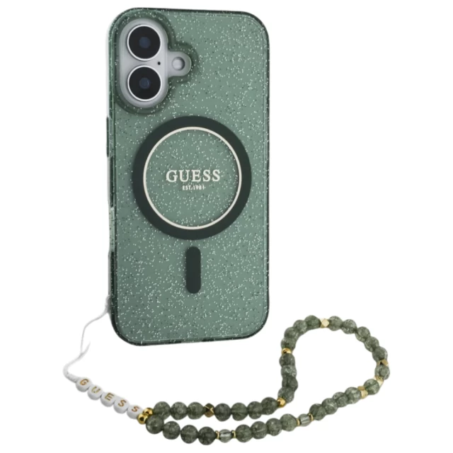 Чехол Guess IML Glitter with Pearl Strap для iPhone 16 Green with MagSafe (GUHMP16SHGCRELSA)