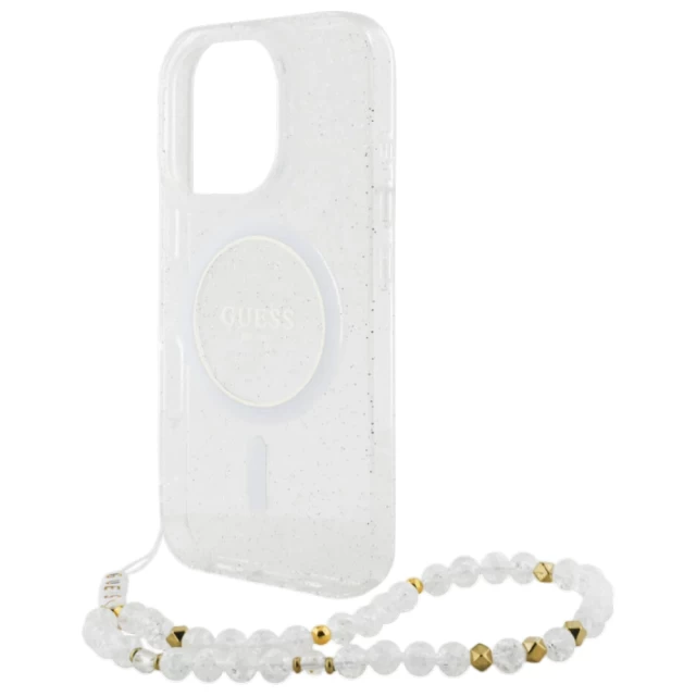 Чехол Guess IML Glitter with Pearl Strap для iPhone 16 Pro Max Transparent with MagSafe (GUHMP16XHGCRELST)