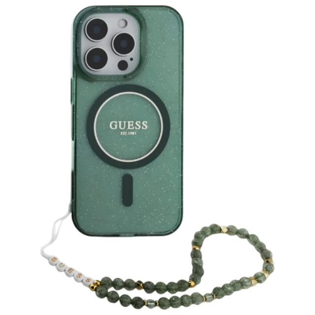 Чехол Guess IML Glitter with Pearl Strap для iPhone 16 Pro Green with MagSafe (GUHMP16LHGCRELSA)