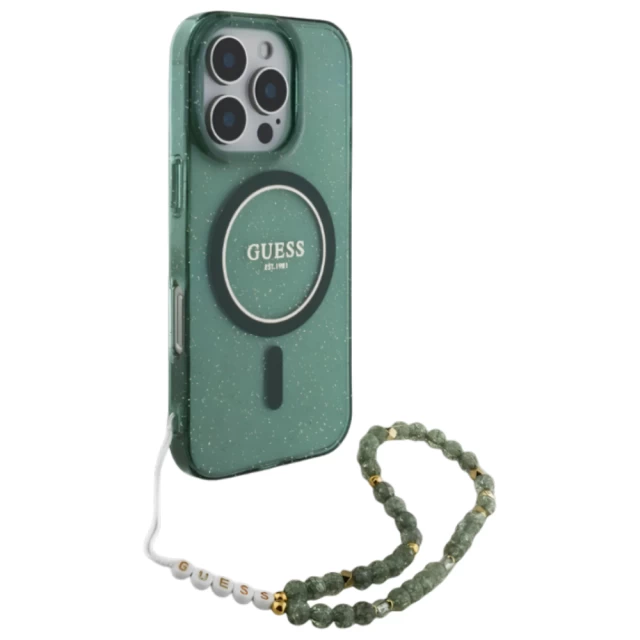 Чехол Guess IML Glitter with Pearl Strap для iPhone 16 Pro Green with MagSafe (GUHMP16LHGCRELSA)