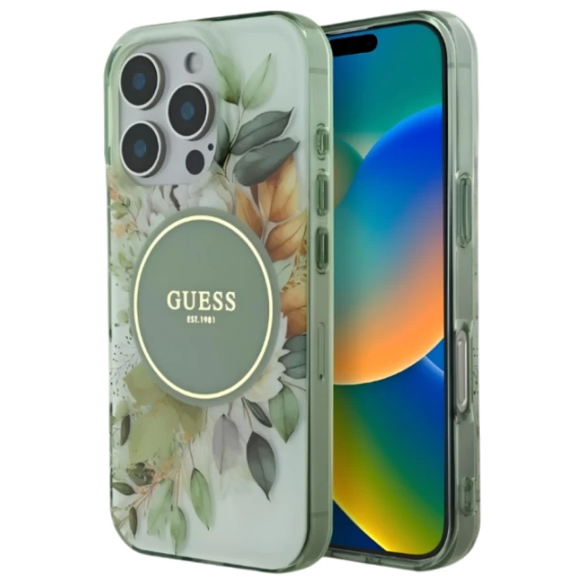 Чехол Guess IML Flower & Tonal Circle для iPhone 16 Pro Green with MagSafe (GUHMP16LHFWBDCEN)