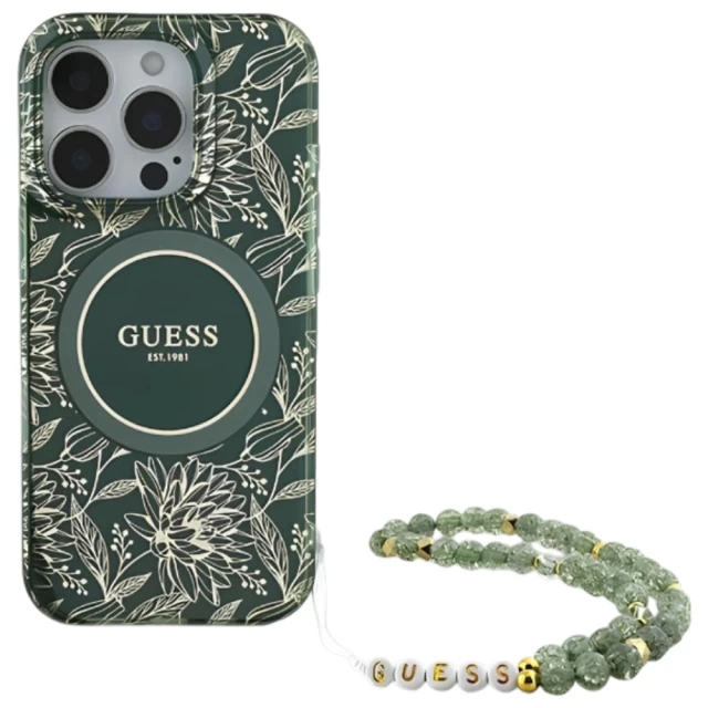 Чехол Guess IML Flowers Allover Electro with Pearl Strap для iPhone 16 Pro Green with MagSafe (GUHMP16LHCPOFPA)