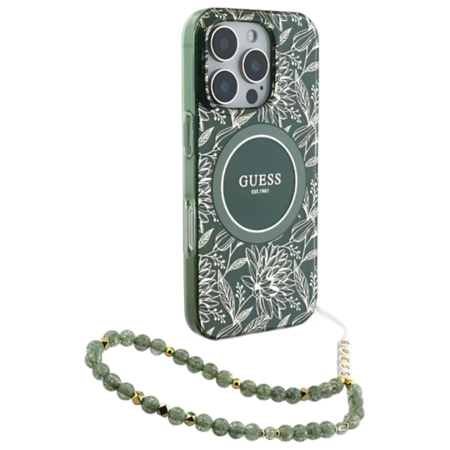 Чехол Guess IML Flowers Allover Electro with Pearl Strap для iPhone 16 Pro Green with MagSafe (GUHMP16LHCPOFPA)