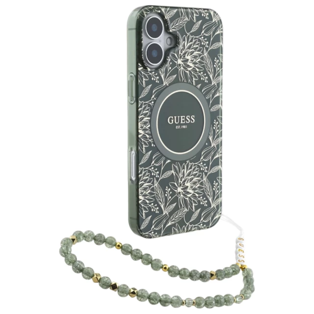 Чехол Guess IML Flowers Allover Electro with Pearl Strap для iPhone 16 Plus Green with MagSafe (GUHMP16MHCPOFPA)