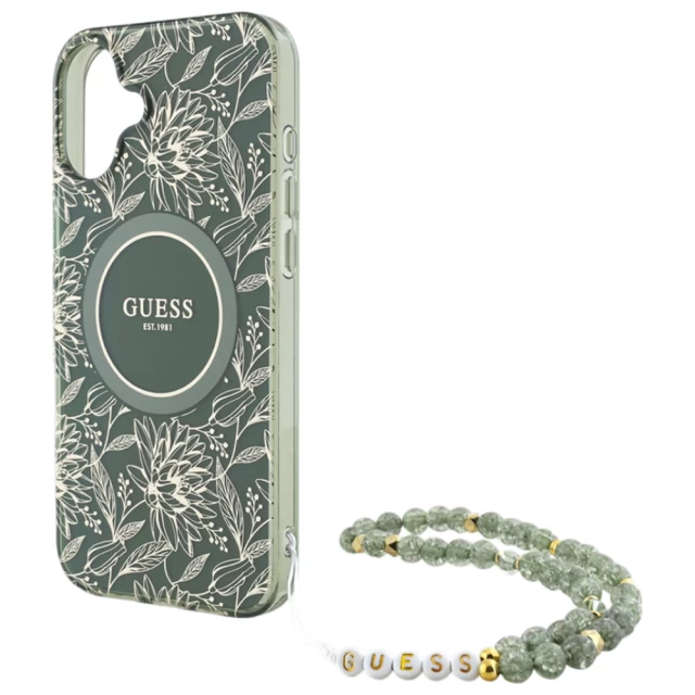 Чехол Guess IML Flowers Allover Electro with Pearl Strap для iPhone 16 Plus Green with MagSafe (GUHMP16MHCPOFPA)