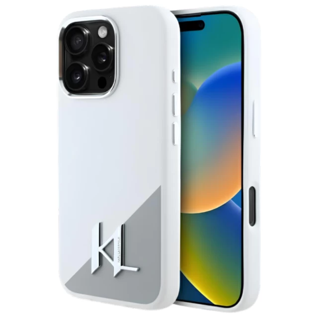 Чехол Karl Lagerfeld Silicone Shadow Metal Initial для iPhone 16 Pro White with MagSafe (KLHMP16LSCMKMPCH)