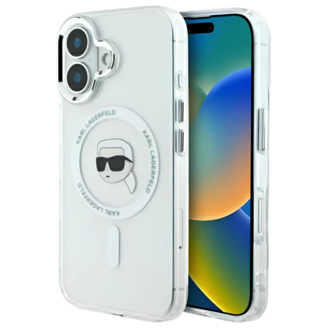 Чохол Karl Lagerfeld IML Metal Karl Head для iPhone 16 Plus White with MagSafe (KLHMP16MHLSKIH)