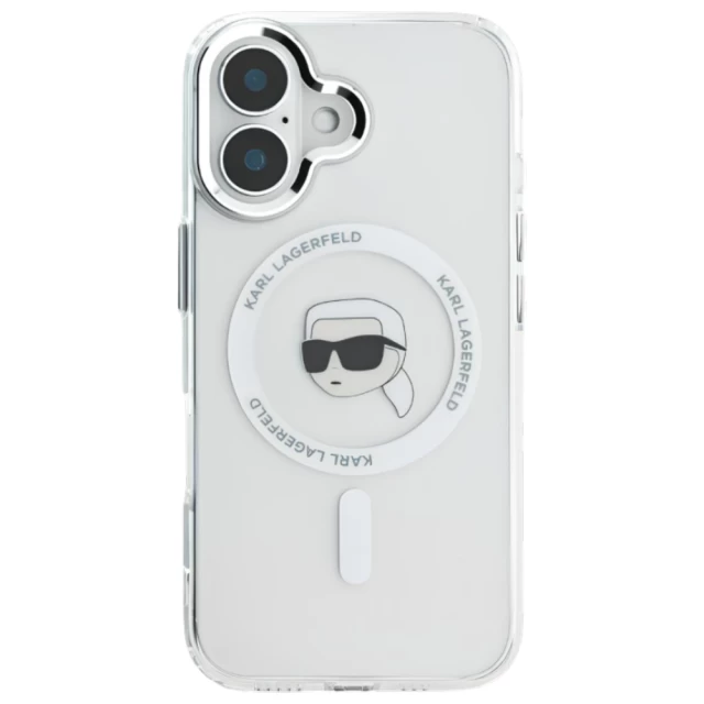 Чехол Karl Lagerfeld IML Metal Karl Head для iPhone 16 White with MagSafe (KLHMP16SHLSKIH)