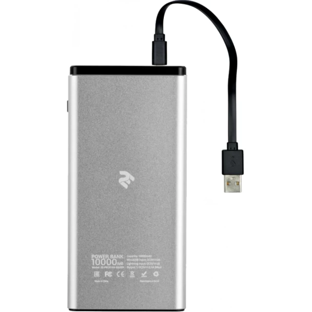 Портативное зарядное устройство 2Е 10000мА/ч, DC 5V, USB-2.1A, MicroUSB, Light. Inp, Allum, Серебр.