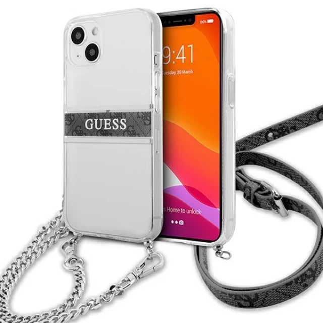 Чехол Guess 4G Grey Strap Silver Chain для iPhone 13 mini Transparent (GUHCP13SKC4GBSI)