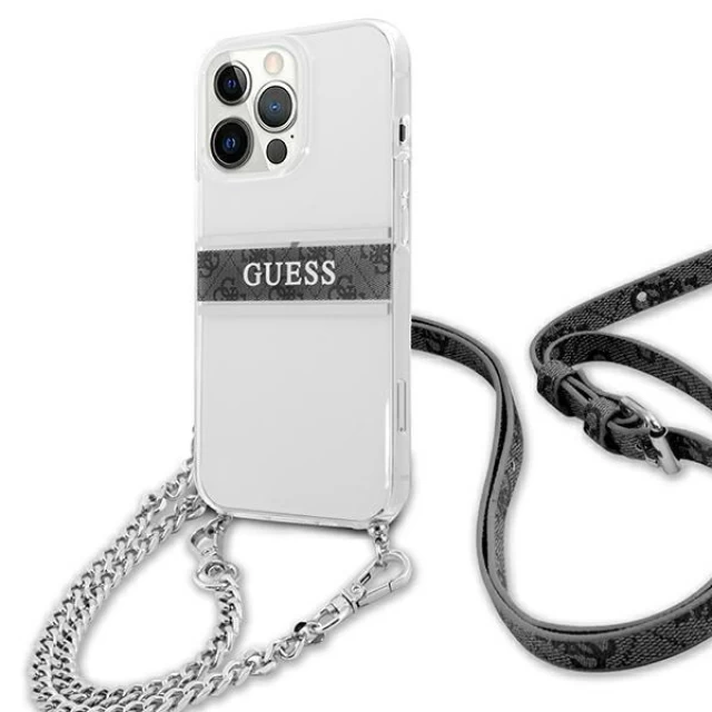 Чохол Guess 4G Grey Strap Silver Chain для iPhone 13 Pro Transparent (GUHCP13LKC4GBSI)