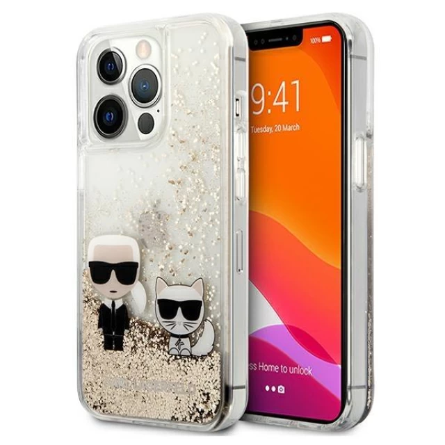 Чехол Karl Lagerfeld Liquid Glitter Karl and Choupette для iPhone 13 Pro Gold (KLHCP13LGKCD)