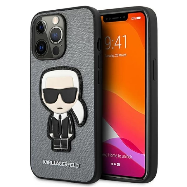 Чохол Karl Lagerfeld Saffiano Ikonik Karl's Patch для iPhone 13 Pro Max Silver (KLHCP13XOKPG)