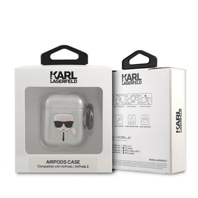 Чехол Karl Lagerfeld Glitter Karl's Head для AirPods 2/1 Silver (KLA2UKHGS)