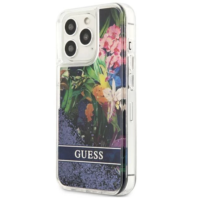 Чохол Guess Flower Liquid Glitter для iPhone 13 Pro Max Blue (GUHCP13XLFLSB)