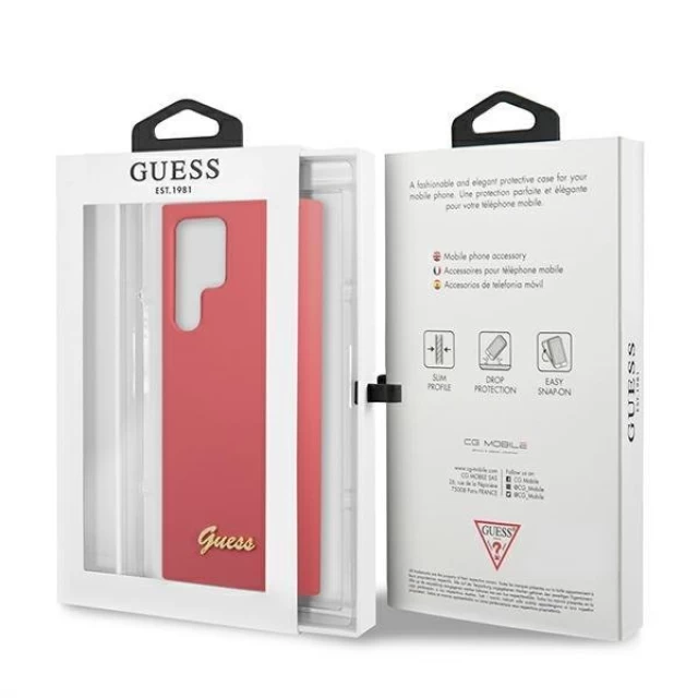 Чехол Guess Silicone Script Metal Logo для Samsung Galaxy S22 Ultra Pink (GUHCS22LLSLMGFU)