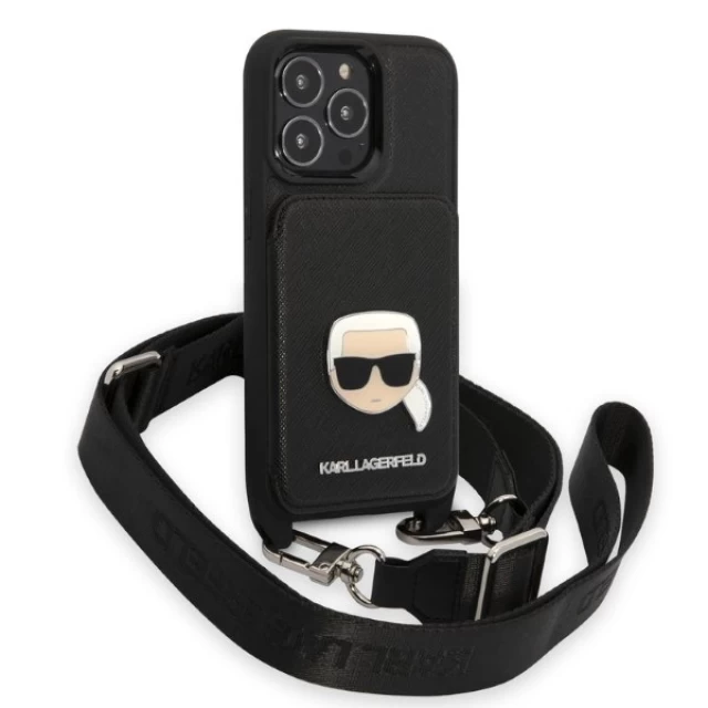 Чохол Karl Lagerfeld Saffiano Metal Karl Head для iPhone 13 | 13 Pro Black (KLHCP13LSAKHPK)