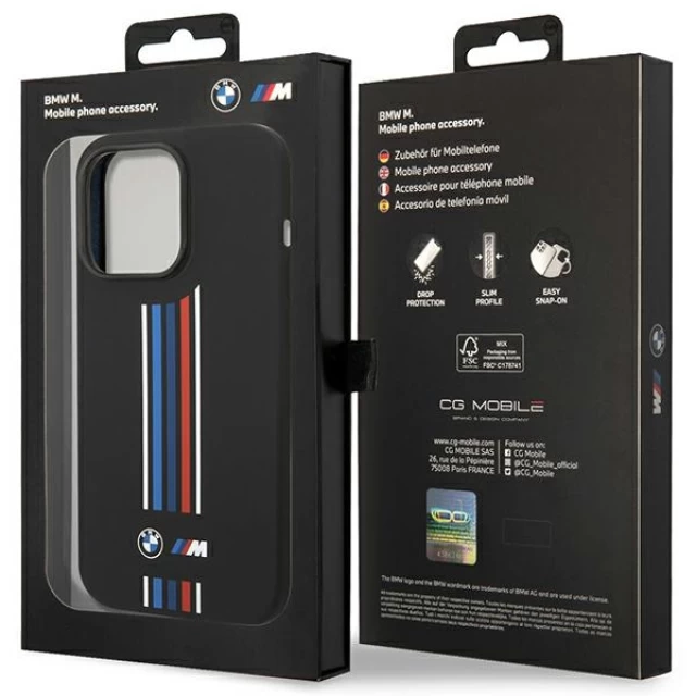 Чехол BMW для iPhone 14 Pro Silicone Vertical Tricolor Lines Black (BMHCP14L22SWTK)