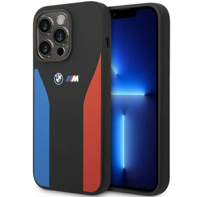 Чехол BMW для iPhone 14 Pro Silicone Blue and Red Stripes Black (BMHCP14L22SCSK)