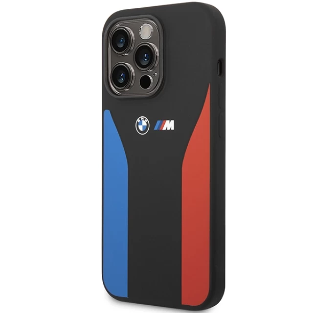 Чохол BMW для iPhone 14 Pro Silicone Blue and Red Stripes Black (BMHCP14L22SCSK)