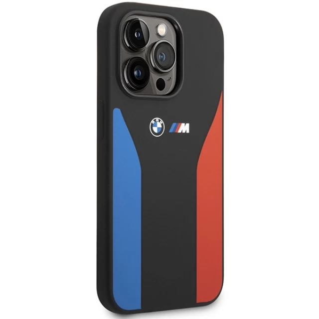 Чохол BMW для iPhone 14 Pro Silicone Blue and Red Stripes Black (BMHCP14L22SCSK)