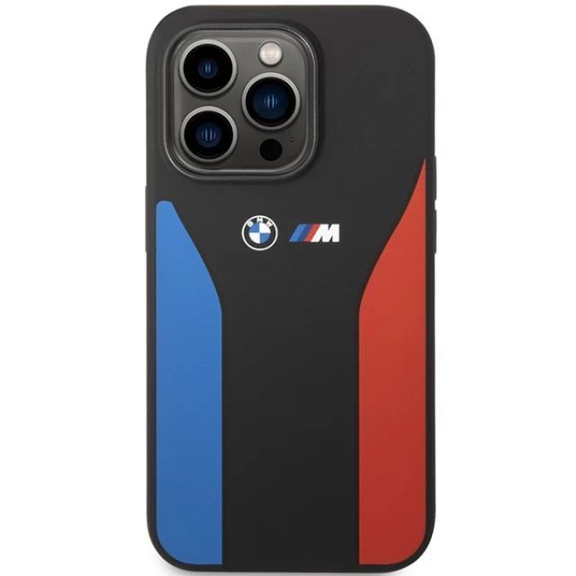 Чохол BMW для iPhone 14 Pro Silicone Blue and Red Stripes Black (BMHCP14L22SCSK)