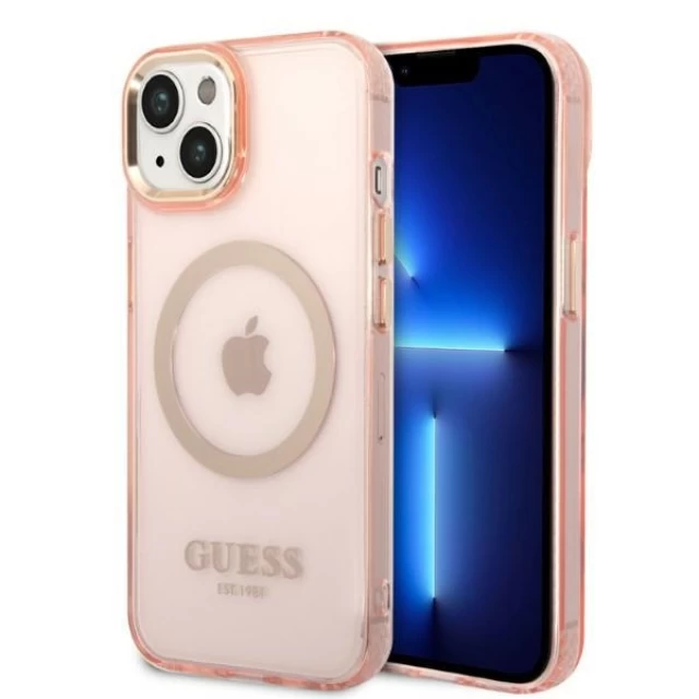 Чехол Guess Gold Outline Translucent для iPhone 14 Pink with MagSafe (GUHMP14SHTCMP)