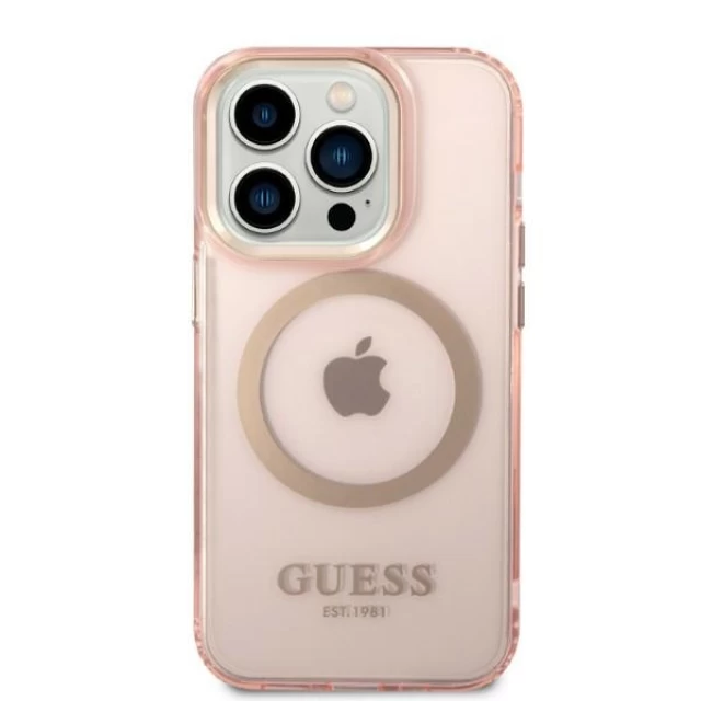 Чехол Guess Gold Outline Translucent для iPhone 14 Pro Pink with MagSafe (GUHMP14LHTCMP)