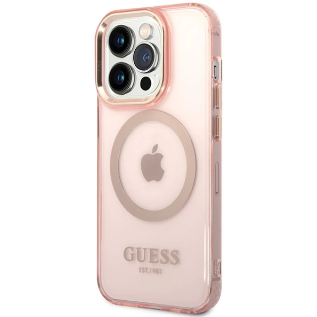 Чехол Guess Gold Outline Translucent для iPhone 14 Pro Max Pink with MagSafe (GUHMP14XHTCMP)
