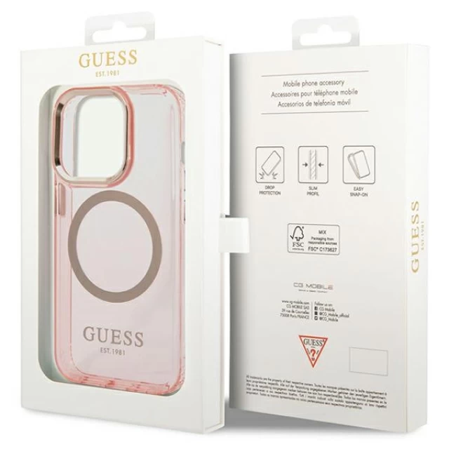 Чохол Guess Gold Outline Translucent для iPhone 14 Pro Max Pink with MagSafe (GUHMP14XHTCMP)